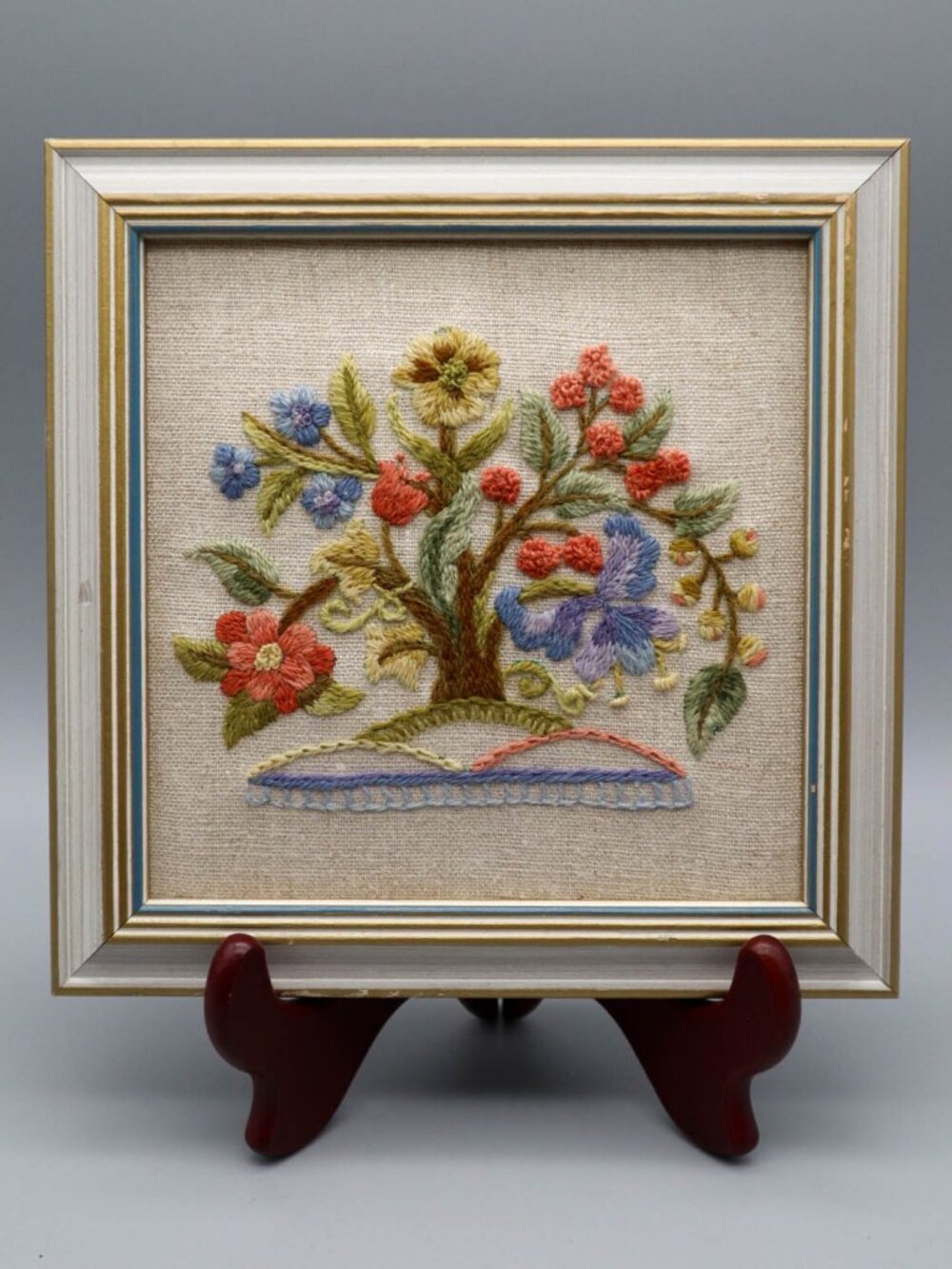 Vintage Floral Crewel Embroidery Art Complete & Framed Cottagecore Folk Art